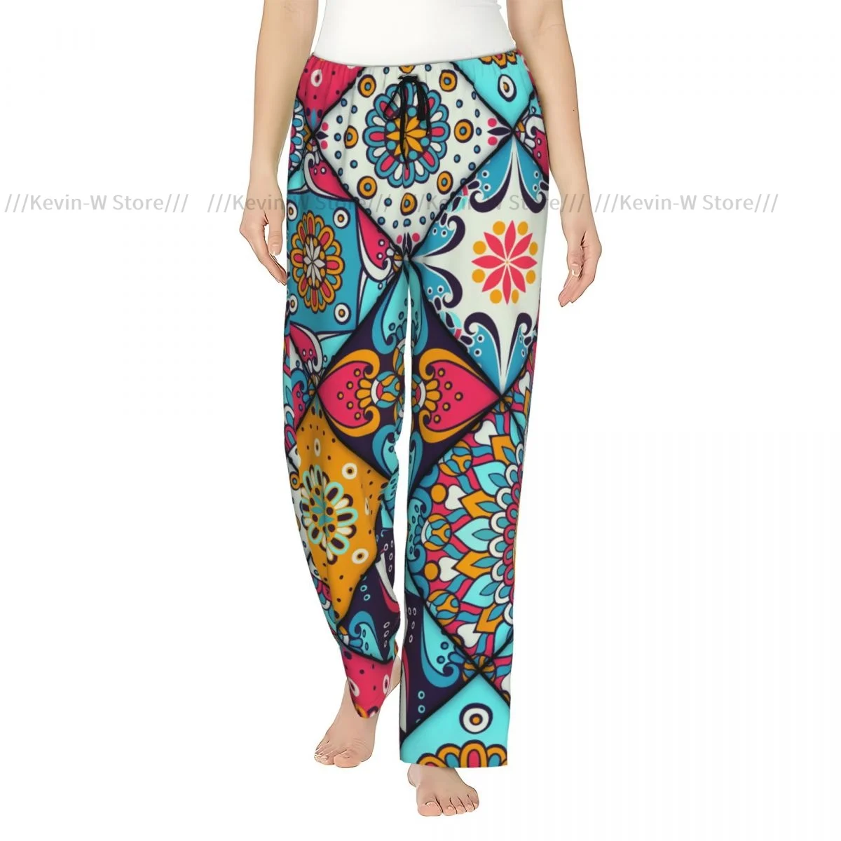 

Women Cozy Flannel Lounge Pants Soft Boho Colorful Patchwork Flower Mandala Sleep Bottoms for Winter Homewear