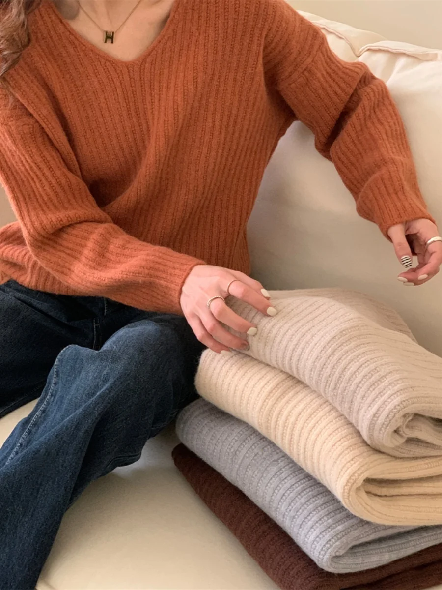 Philadelphia Large Knitted Sweater Double-sided Weaving V-ne  Long Vertical Stripes Sweater Casual Sle round Ne