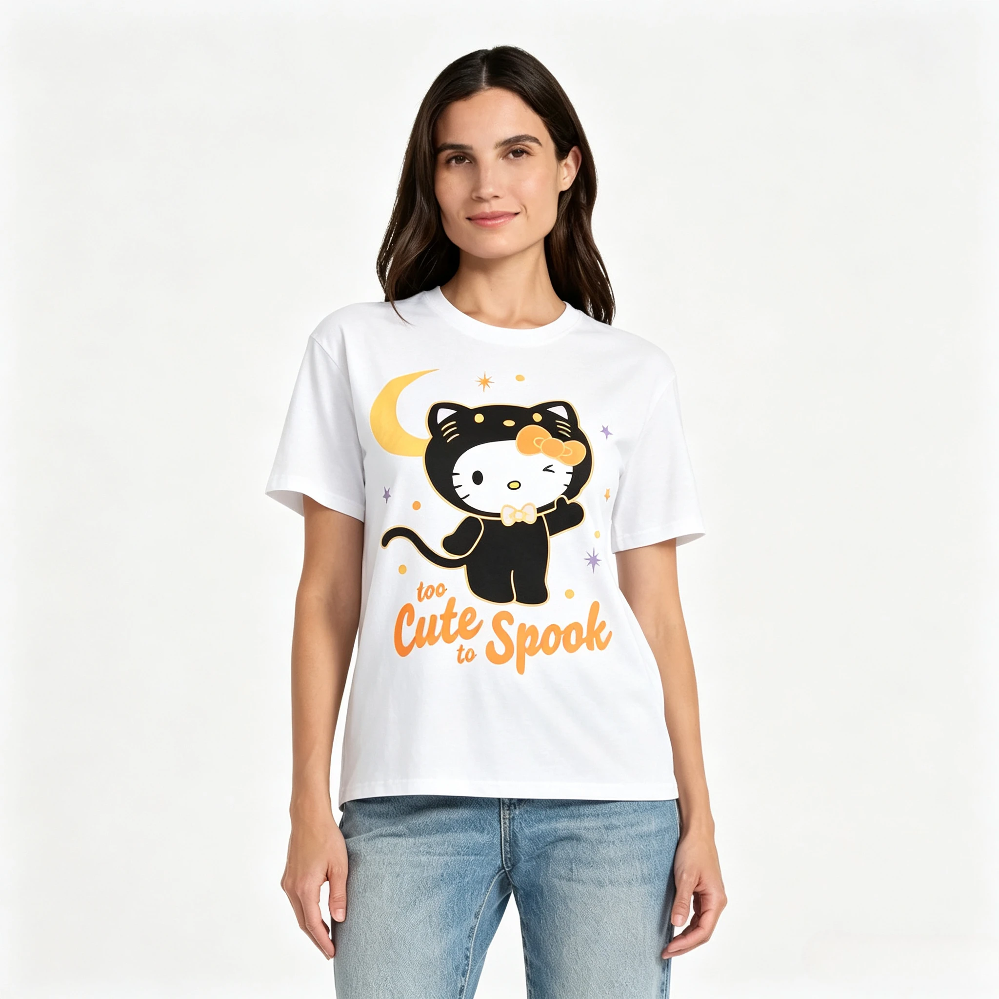 Hello Kitty Halloween Cat T-shirt Black Short Sleeve Tee 'Too Cute To Spook' Moon Stars Graphic Men Women Casual Holiday Top