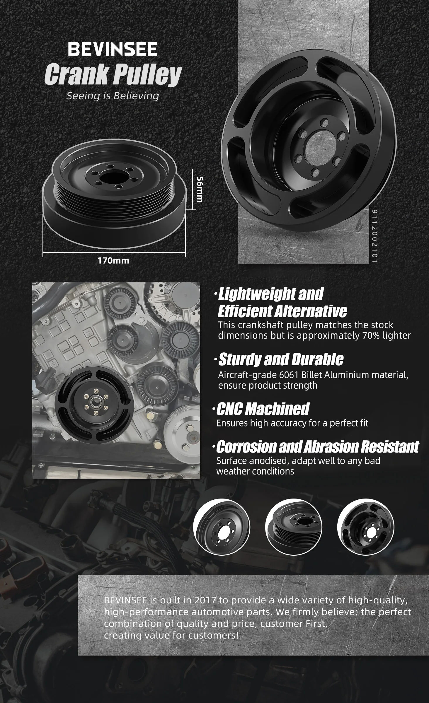 BEVINSEE N54 Motor Billet Aluminium Kurbelwellenriemenscheibe für BMW E90 E91 E92 E93 335i für BMW E82 E87 135i 1M, Ersatz für 11227558083 – Detail 2