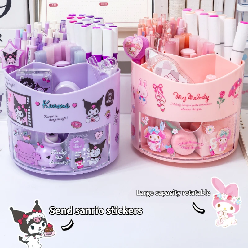 miniso sanrio rotating pen holder organizador de mesa caixa de armazenamento kawaii sanrio cinnamoroll adesivos bonito papelaria armazenamento para meninas 01