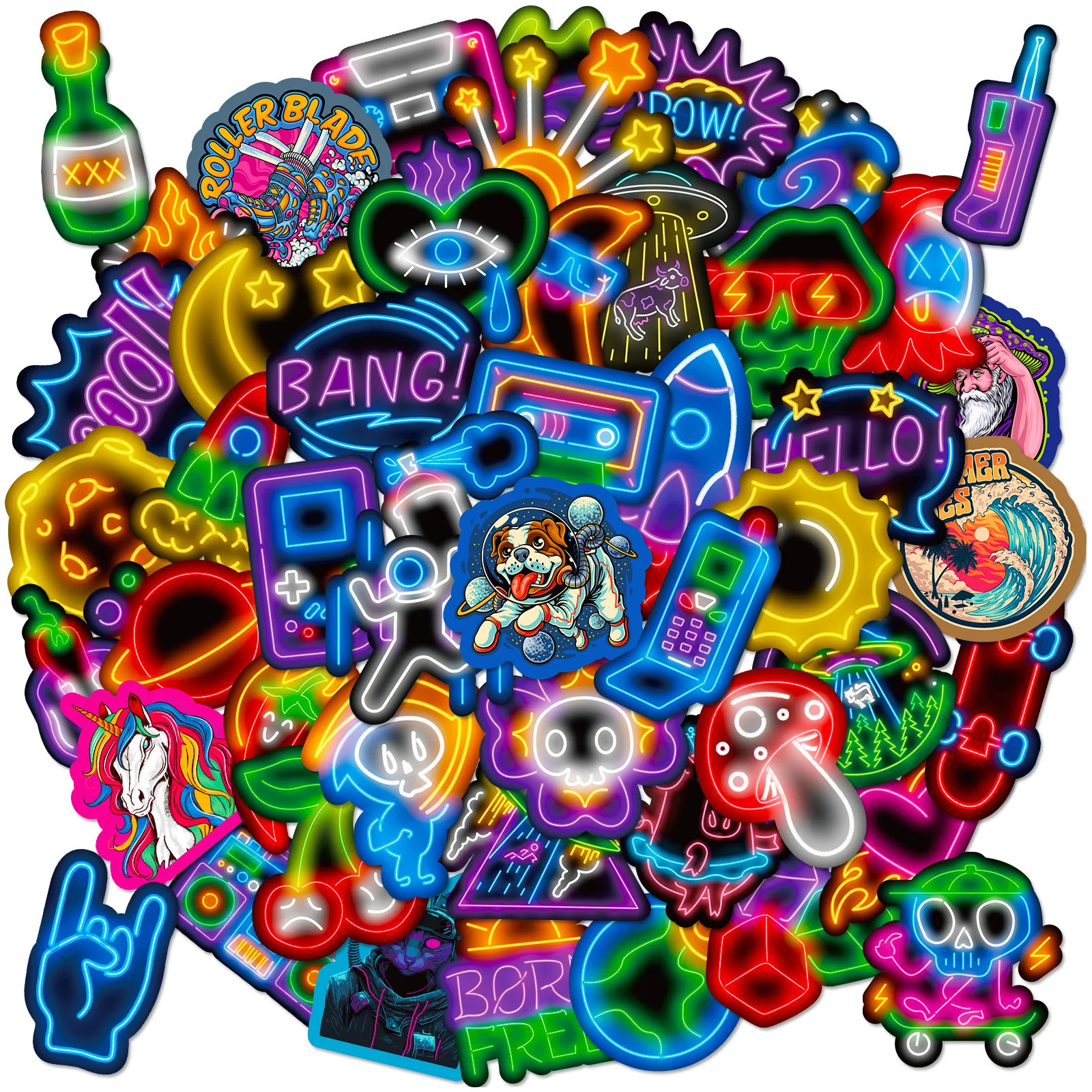 50 Pcs Rocket Neon Cool Stickers Neon Light Trendy Waterproof Vinyl Decals for Luggage Water Cup Motorcycle Gift