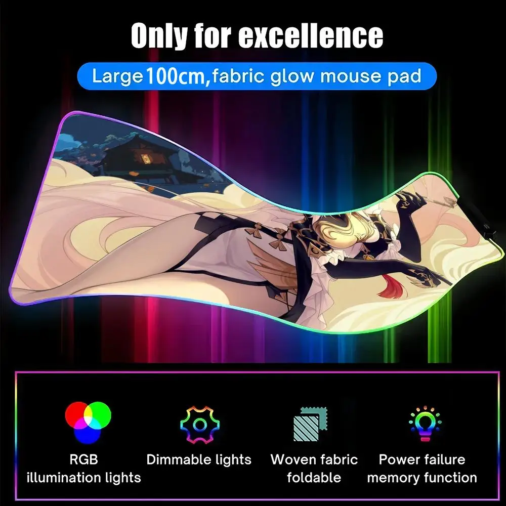 Geshin Impact  Mouse Pad RGB Mouse Pad Extended Gaming Keyboard Seven Colors LED Mats Large 1000x500mm XXL Gamer