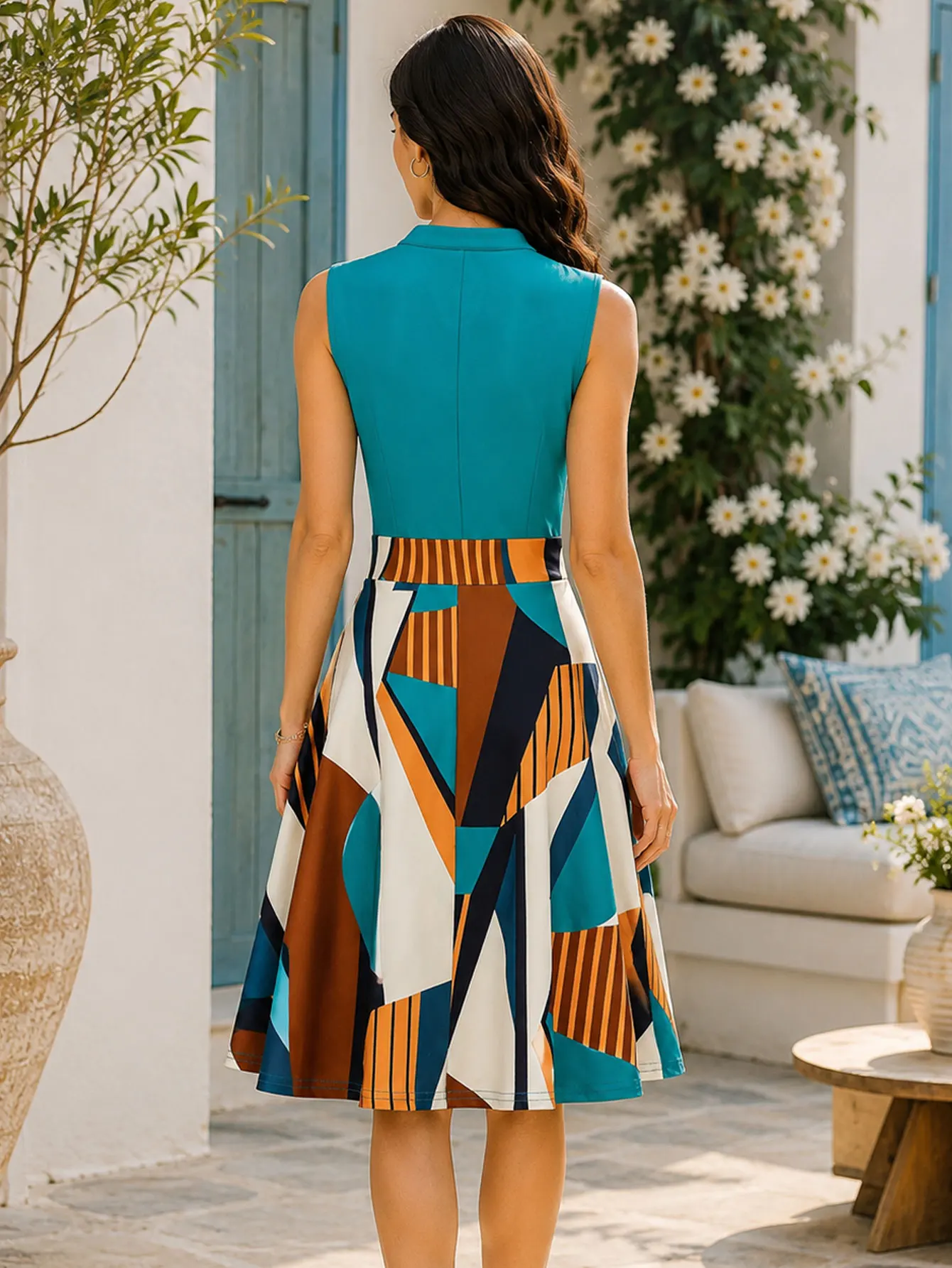 Elegantes Farbblock-Kleid für Damen, Sommer, geometrischer Druck, ärmellos, Gürtel, V-Ausschnitt, ideales Urlaubsoutfit, A-Linien-Midikleid – Detail 5