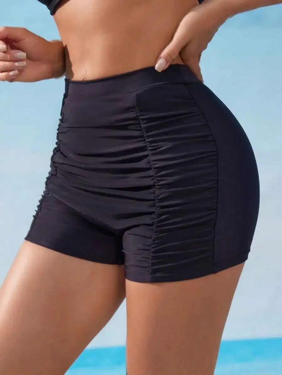 

Women Black Ruched High Waisted Butt Lift Swim Shorts Beachwear Summer