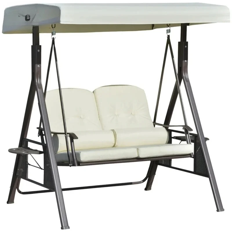 Banco columpio para patio con dosel de sombra ajustable con cojines suaves, cojines y bandeja, color beige.