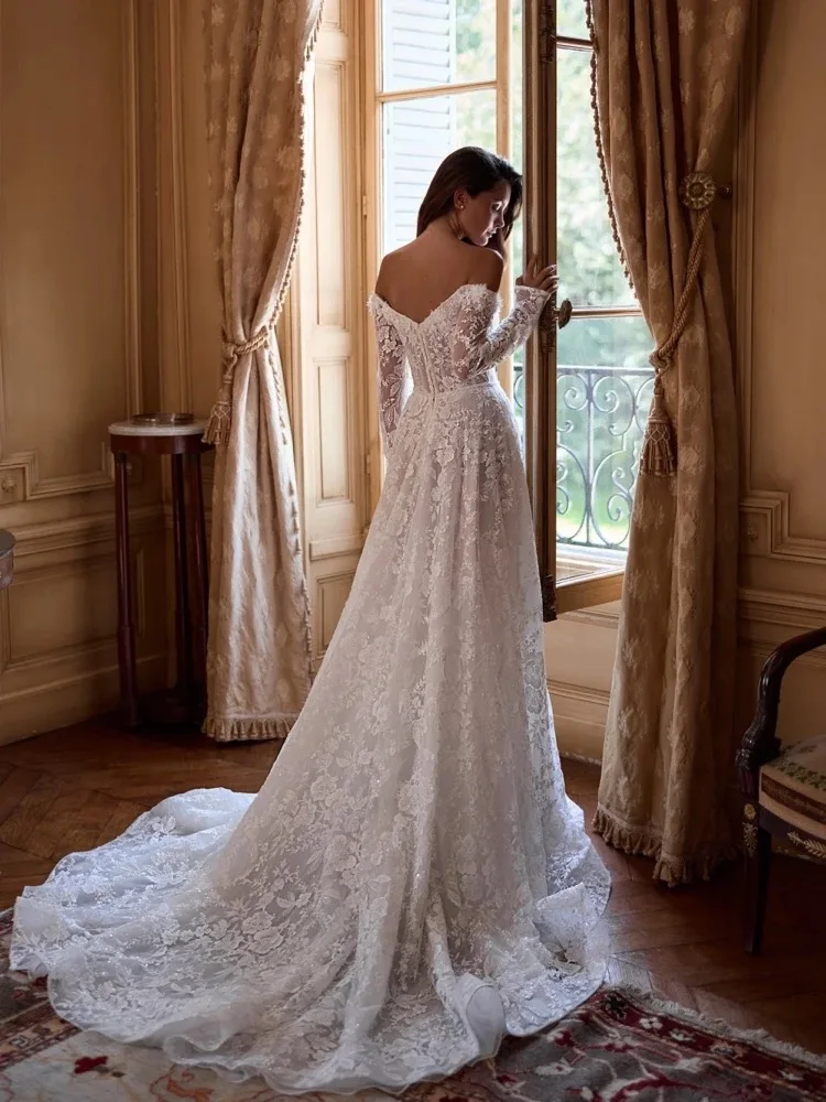 Suknie Ślubne Onelife Exquisite, Błyszczące Aplikacje Koronkowe, Dekolt w Serek, Suknia Ślubna z Odkrytymi Ramionami, Suknie Ślubne na Zamówienie dla Panny Młodej