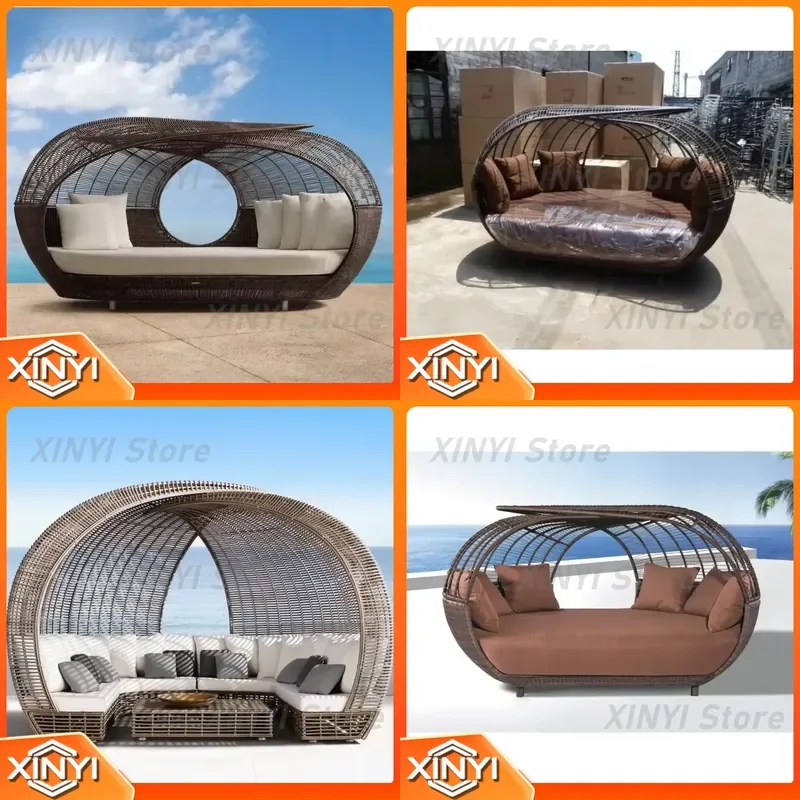 Luxury Garden Gazebo Sun Bed for Beach Hotel All Weather Terrace Furniture Rattan Day Bed for Outdoor Use