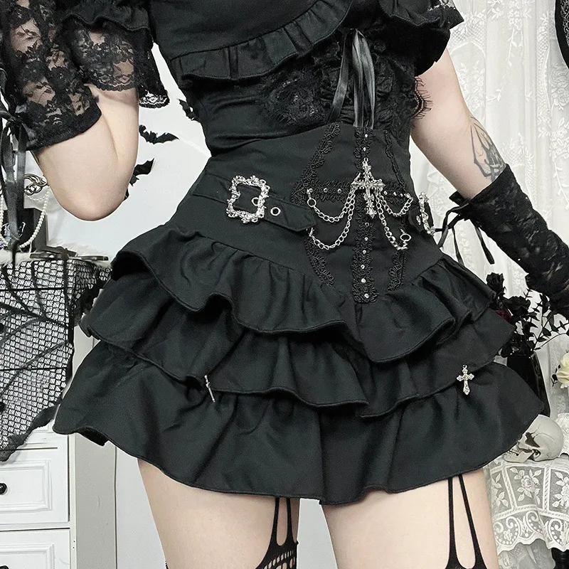 

Punk Style Cross Decor Mini Skirts Mall Gothic Zip Tierred A-line Skirt Women Streetwear Basic Bottoms E-girl Clothing