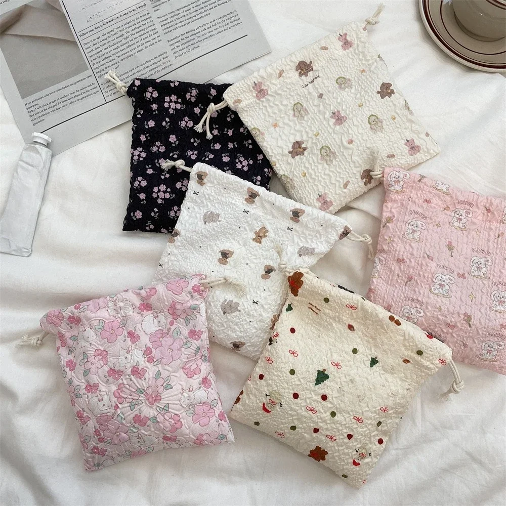 Women's Makeup Bag with Drawstring Packaging Pocket Coin Purse Cute Bear Cartoon Large Capacity Drawstring Cosmetic Bag