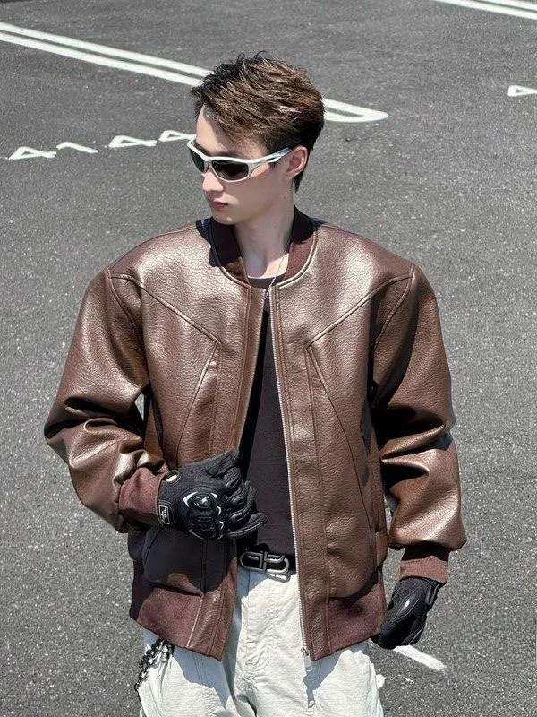 

American Sle Vintage Loose Leather Jaet Men's ort Waterproof Motorcycle Clothes Stand Collar Baseball Suit Haome