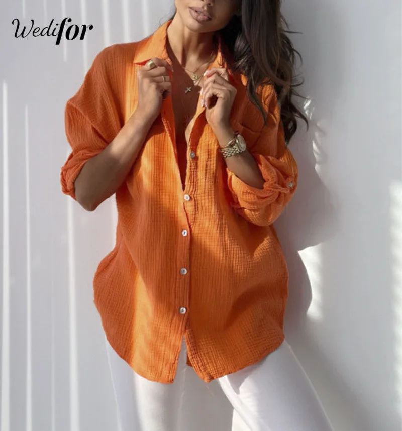 

Wedifor Turn-down Collar Casual Women Blouse 2023 Autumn Winter Long Sleeve Button Loose Tops Elegant Pockets Fashion Shirts