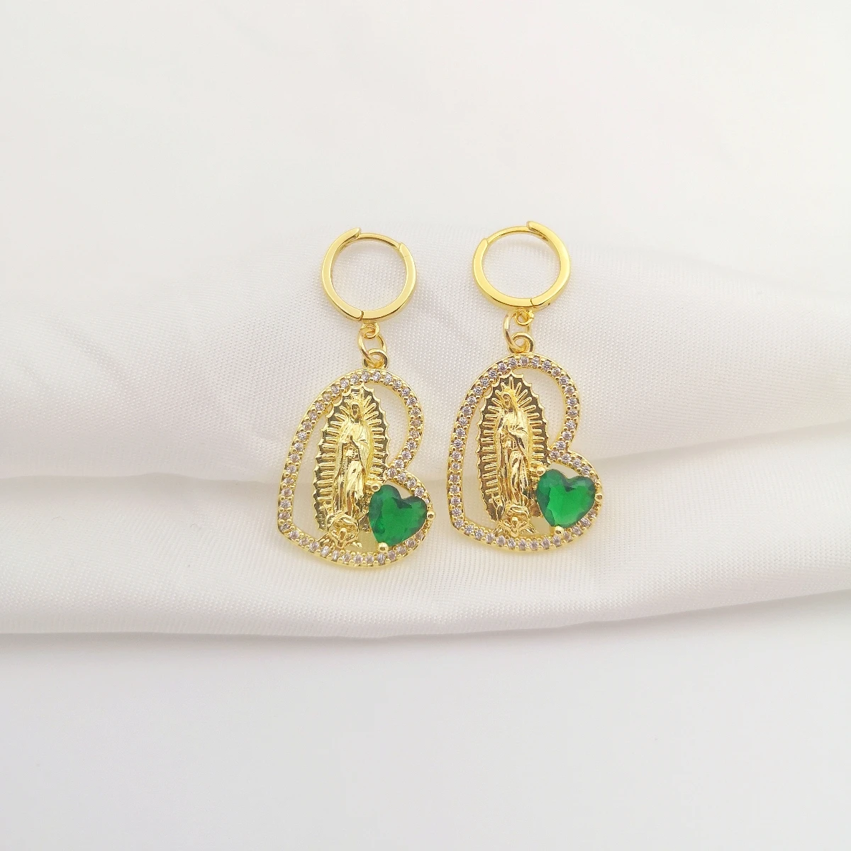 Real S925 Sterling Silver Hoops Gold Color Heart Virgin Mary Huggies Colored Guadalupe Drop Earrings for Women Hoop Earrings