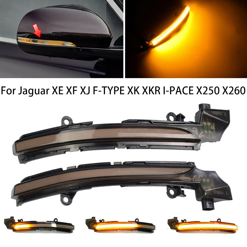 For Jaguar XE/XF/XJ/F-TYPE/XK/XKR/I-PACE/X250/X260 LED Dynamic Turn Signal Light Flowing Blinker Indicator Smoked Black Housing