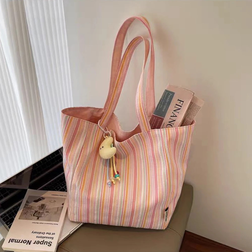 Modische und vielseitige Canvas-Tasche, frische und geräumige, gestreifte, lässige Umhängetasche für den täglichen Gebrauch. – Detail 1