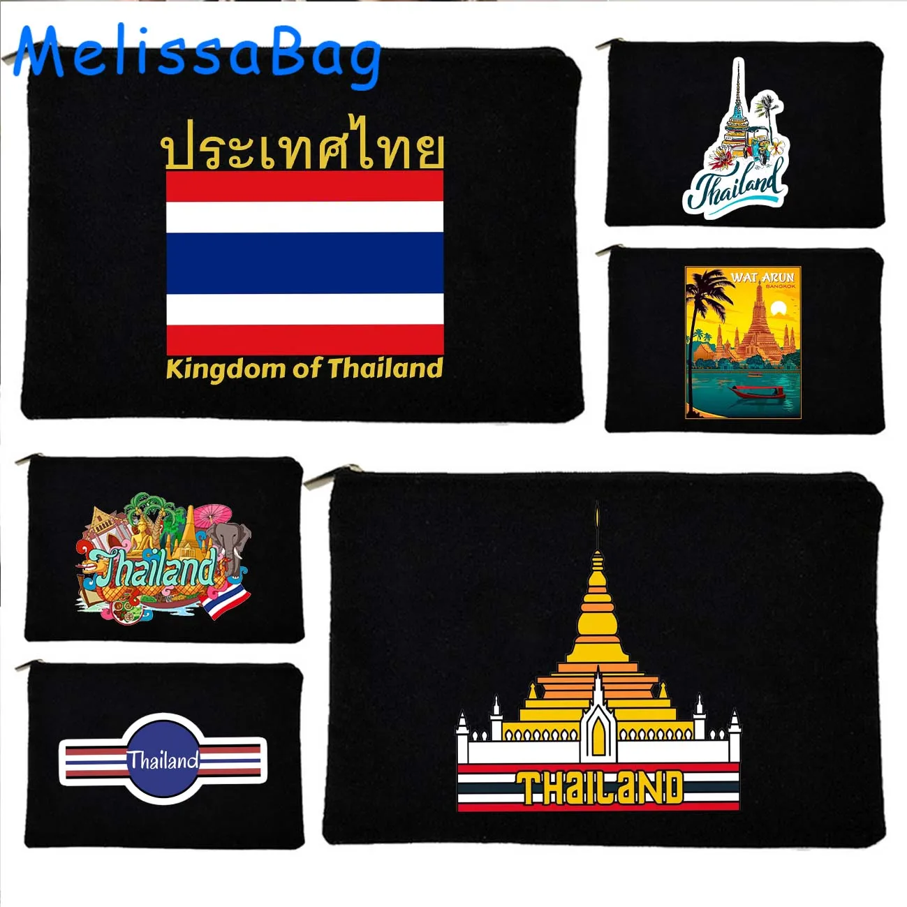 BANGKOK PHUKET Thailand Flag GRAPHIC Wat Arun Temple of Dawn Canvas Bags Cosmetic Storage Makeup Bags Pencil Case Zipper Pouch