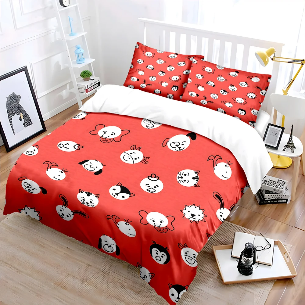 

Cartoon animal faces on red background Bedding Set 1 Duvet Cover 2 Pillowcases for Adult and Children Luxury Gift Full Size