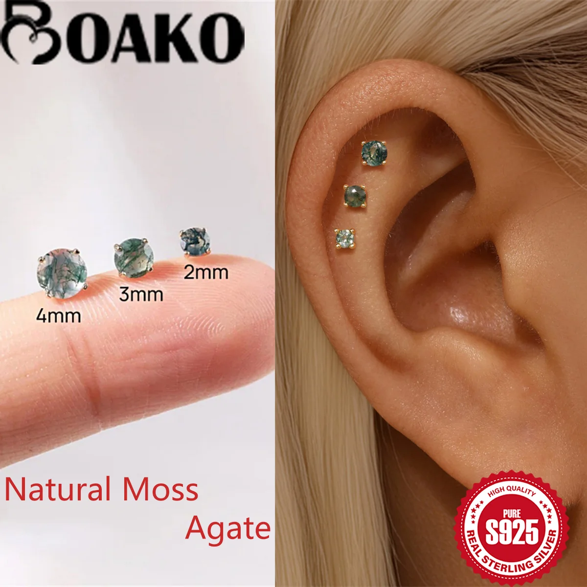 

BOAKO Natural Moss Agate stone for Women 925 Sterling Silver Chain Tassel Stud Piercing Dainty Lucky Fine Jewelry сережки
