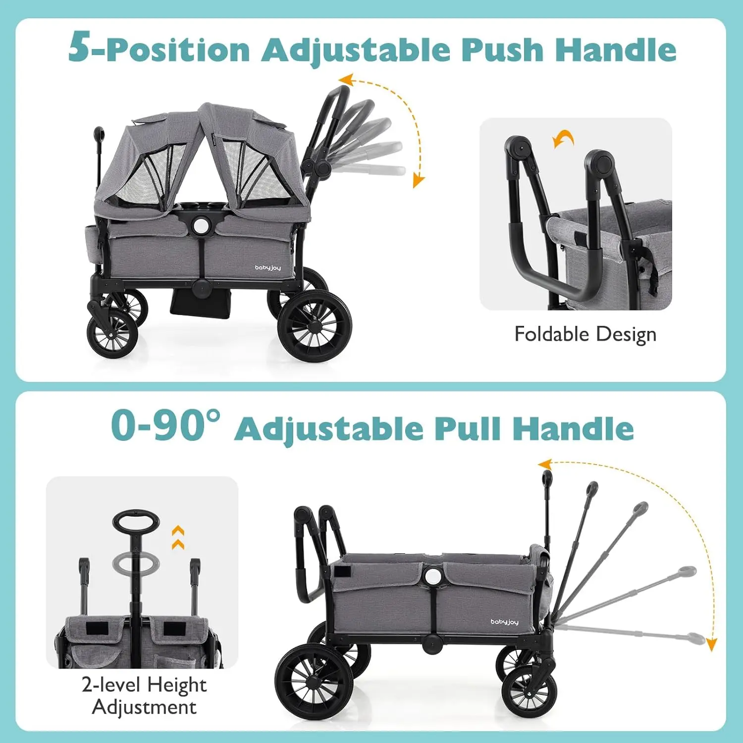 Wagon Stroller for 2 Kids, Collapsible Push Pull Double Stroller Wagon with Adjustable Handle Bar, Removable Canopy