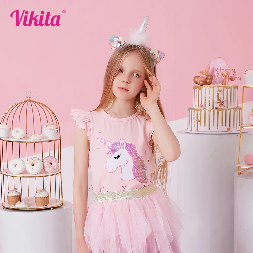 

VIKITA Girls Flare Sleeve Summer T Shirt Kids Unicorn Cartoon Appliqued Tees Girls Pink Princess Tops Children Casual Costumes