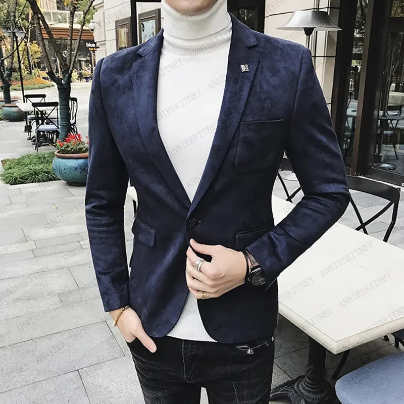 

Blue Suede Men Blazer Slim Fit Cusotm Tide Jacket Smart Business Tailored Men Suit Coat Male Blazer Costume Homme (Only Jacket)