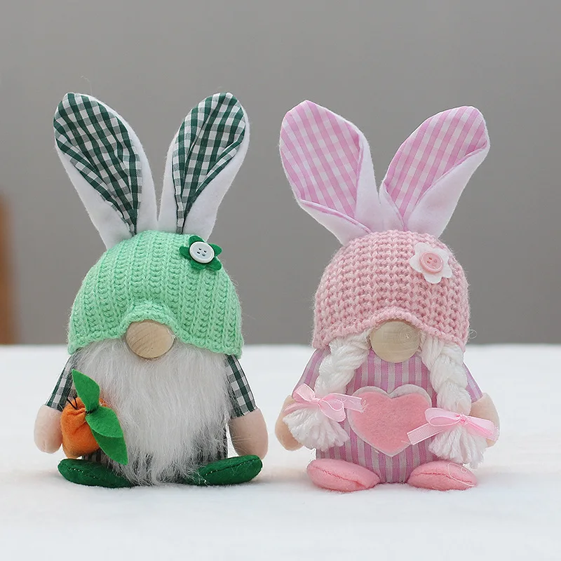 Creative decorations for Easter Festival Fabric faceless bunny couple Christmas doll knitted hat green pink decoration