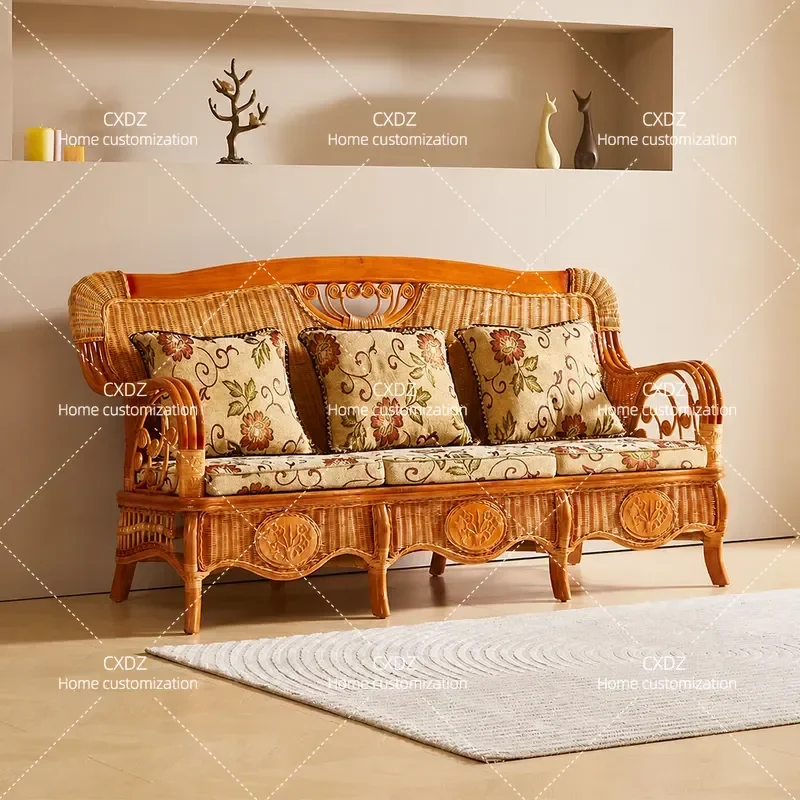 Rattan Sofa for Living Room 2024 New Small Apartment High End Solid Wood Rattan Furniture Balcony Casual Double Trio