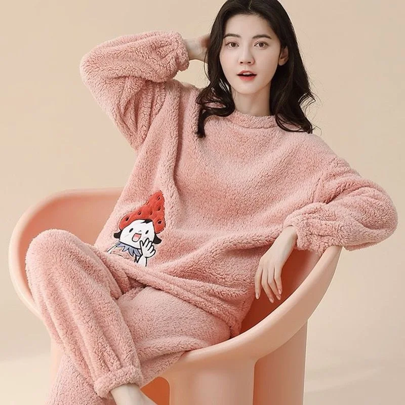 

2025 Autumn Winter Warm Flannel Thick Coral Velvet Long Sleeve Cartoon Sleepwear Women Pyjamas Sets Flannel Pajamas Set for Girl
