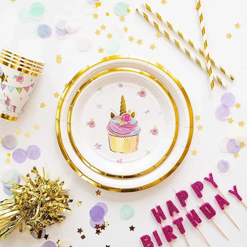 8Guests Gold Unicorn Disposable Tableware Kids Girls Happy Birthday Party Supplies Plates Napkins Baby Shower Princess Birthday