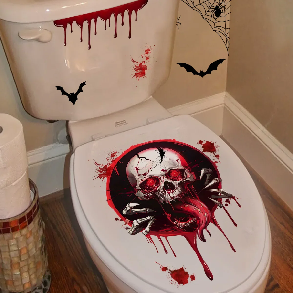 ملصق لغطاء المرحاض على شكل وجه شبح مخيف وملصقات شبكة عنكبوت لموضوع رعب الهالوين وديكور الحمام ملصق الخفافيش
