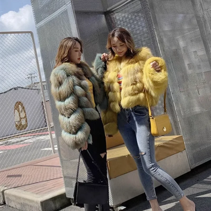 Luxury Women Faux Fox Fur Grass Coat Short Autumn Winter Thickened Striped Imitation Mink Fur Bomber Jacket Flocking Cardigan