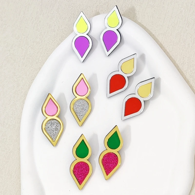 KUGUYS Color Contrast Water Drop Stud Earrings for Women Mirror Glitter Acrylic Fashion Jewelry