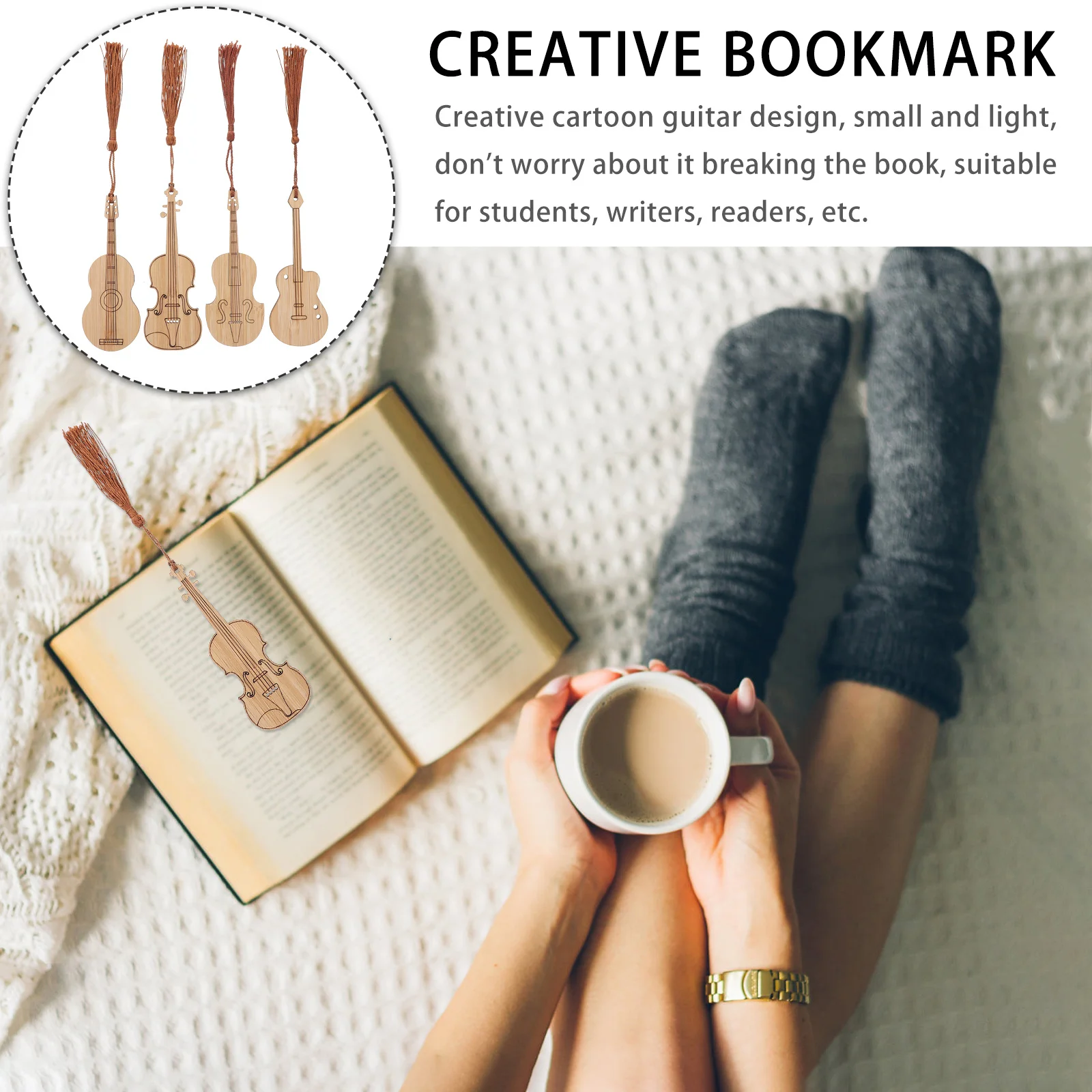 

4Pcs Bamboo Guitar Bookmarks Creative Page Holders for Reading Students Gifts Pendant Bookmarks Bookmark Pendant