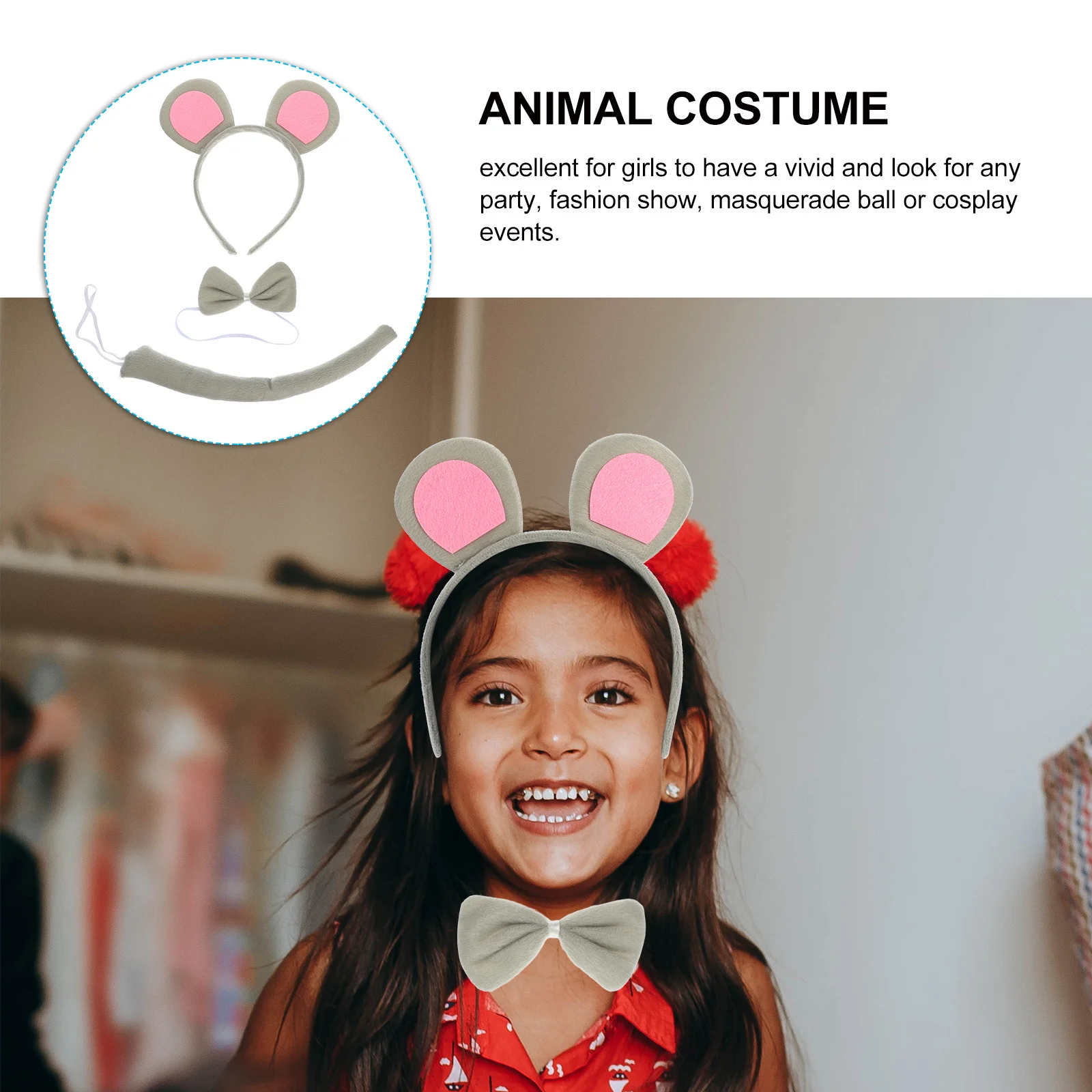 2Sets Mouse Ear Headband Tail Bow Tie Cosplay Set Costume Supplies Kids Girls Party Fashion Show Mouse Cosplay Set
