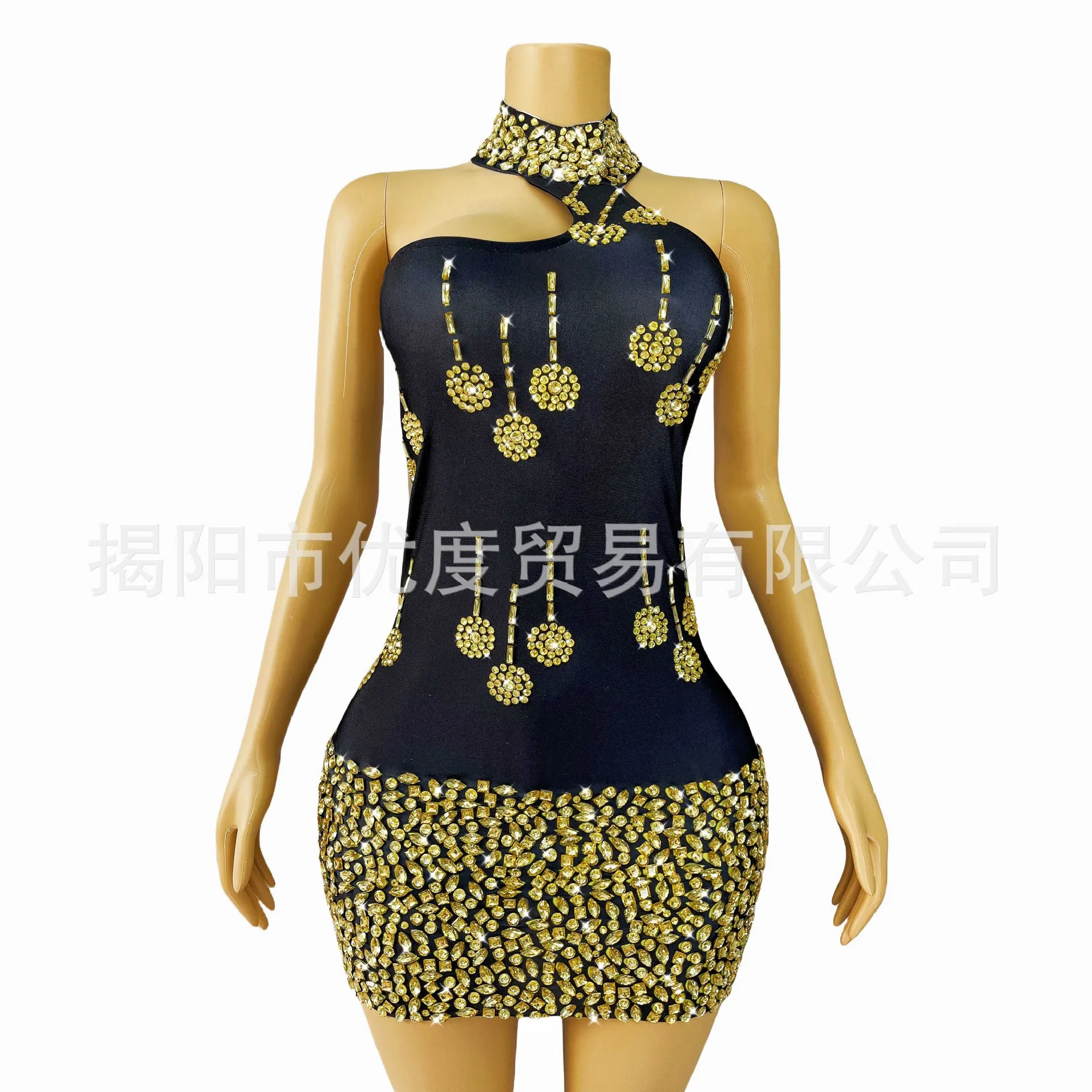 

Black Gold Niche Design Sense Rhinestone Dress Cocktail Party Night Gala Performance Dress Golden Lei Abendkleider Damen Elegant