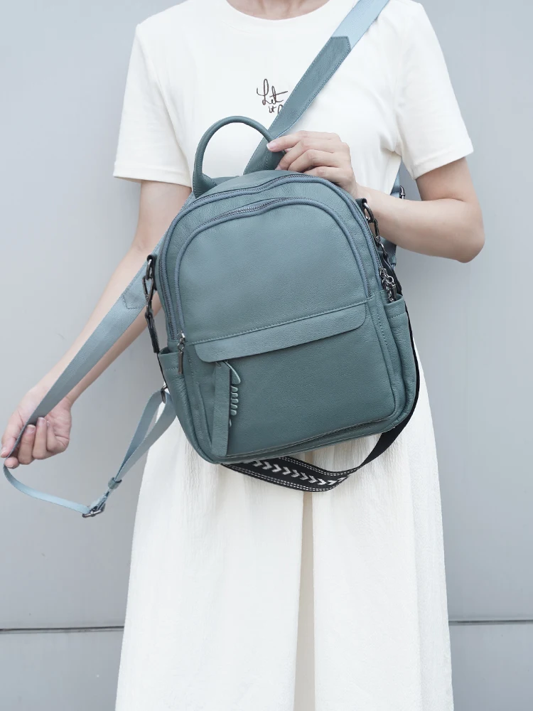 Zency 2025 Genuine Leather Backpack Multi-pocket Design Simple Travel Convertible Shoulder Bag