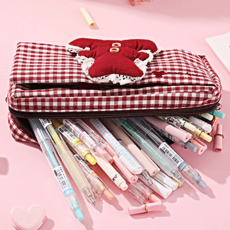 Cartoon Bear Pencil Case Cotton INS Student Pen Bag Junior Students Stationery Prize Large Capacity Lattice Pencil Bag