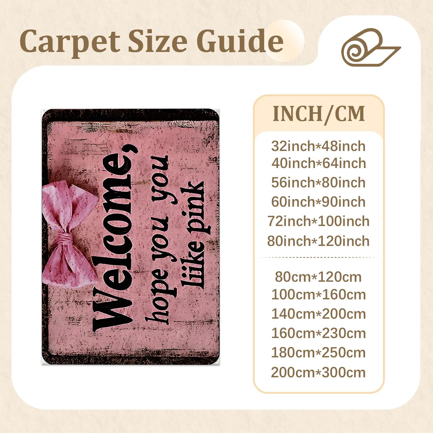 Large Indoor Area Rug, Soft Velvet Low Pile Non-slip Dotted Backing Machine Washable, Vintage Pink Welcome Design with Bow, Ideal for Living Room, Bedroom, Entryway Home Decor