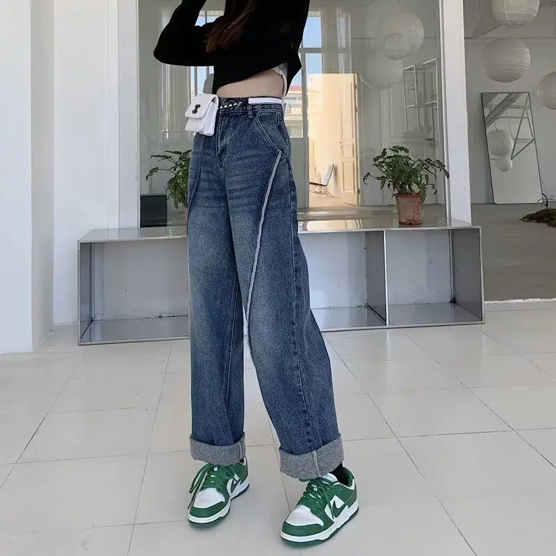 

High Waist Dad Jeans Women's Spring Autumn Korean Large Size plus Size Student Slim Straight Loose Wide Leg Jeans Trendy