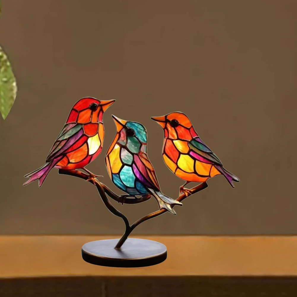 Stained Glass Birds on Branch Desktop Ornaments Double Sided Multicolor Birds Alloy Ornaments Bird Series Acrylic Decor Planar