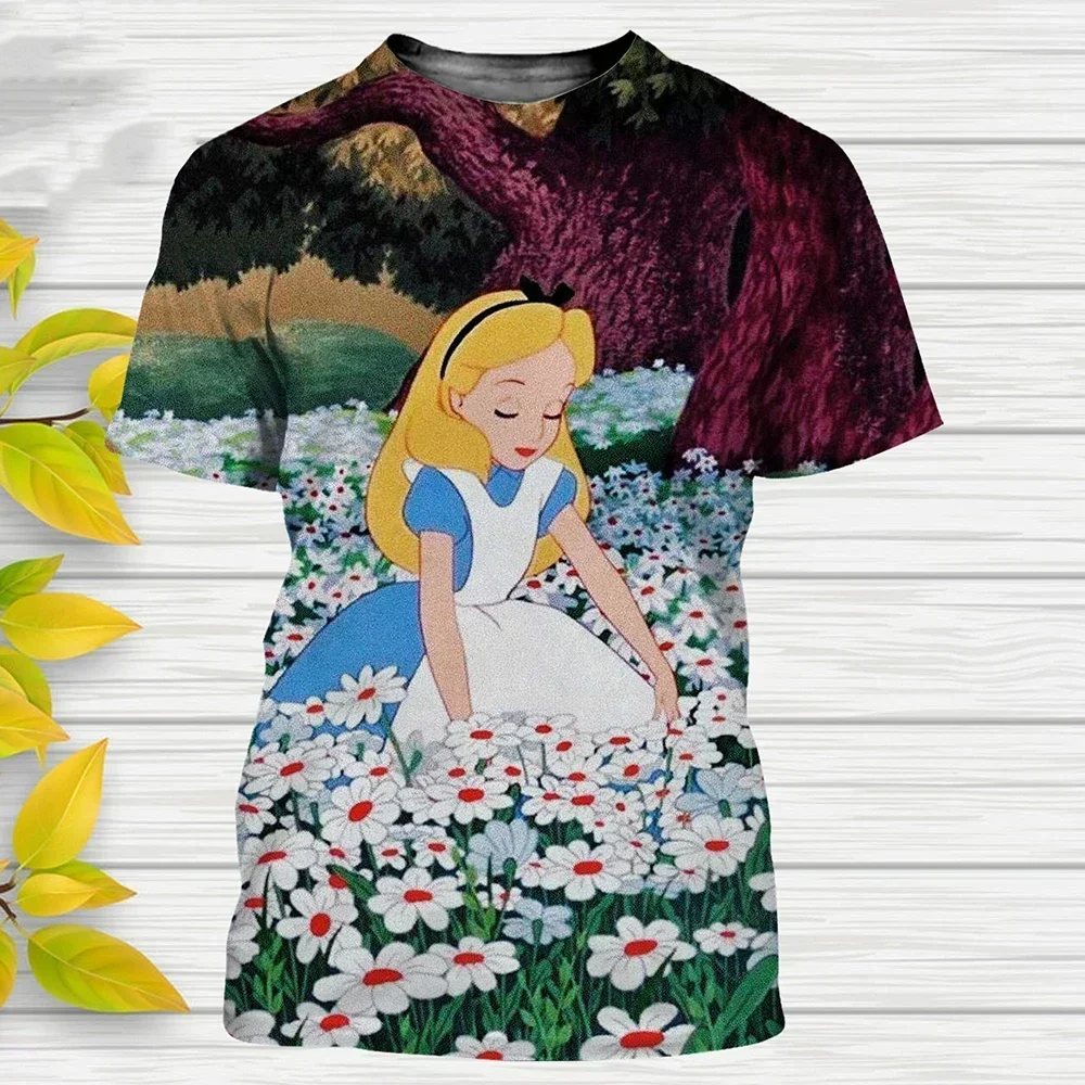 2025 ฤดูร้อน Disney Princess Series 3d เสื้อยืด Alice In Wonderland การ์ตูน Streetwear ชายหญิงขนาดใหญ่ TShirt เด็ก Tees Tops