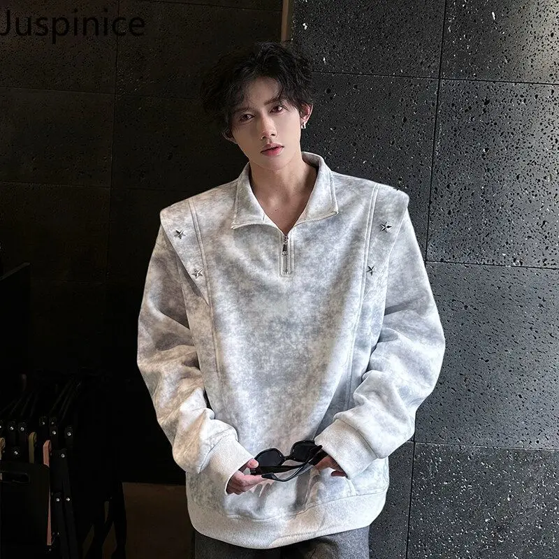 

Juspinice Fashionable Half Zip Tie Dye Hoodie for Men in Spring and Autumn Deconstructive Design Sense Casual Top Jacket