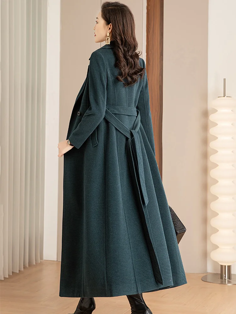 جديد نساء معطف من مزيج الصوف خريف موضة ياقة بدلة خصر نحيف مع حزام صدر مزدوج معطف صوفي أنيق بساطة معطف