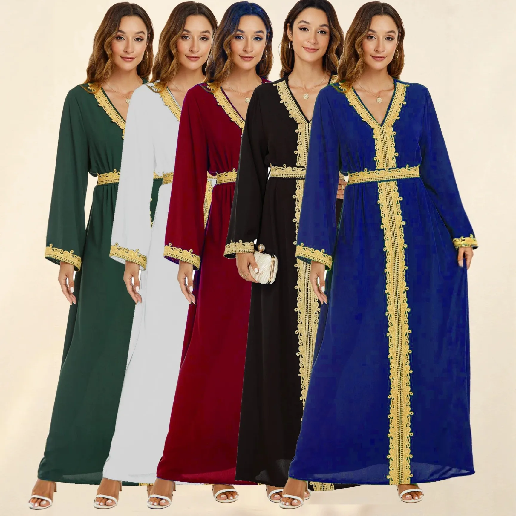 Dubai Abaya for Women Kaftan Muslim Dress Gold Embroidery Trim V-Neck A-Line Maxi Robe 5 Colors Eid Ramadan Party Vestidos