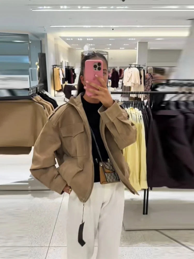 Outono inverno chique jaqueta de camurça falsa para mulheres gola manga cheia casaco com zíper bolso outwears 2025 novo feminino streetwears