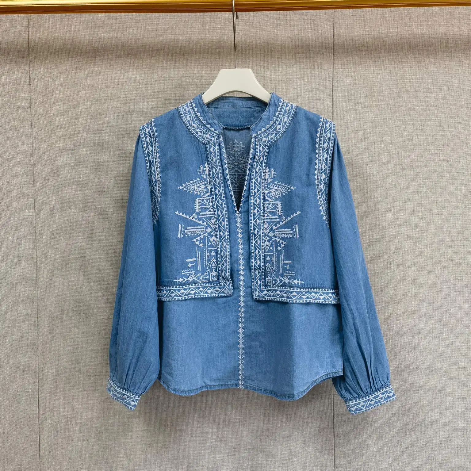 

Elegant Bohemian Style Totem Embroidered Cotton Denim Shirt Summer Vintage French Style Loose Fit Women's Long Sleeve Shirt