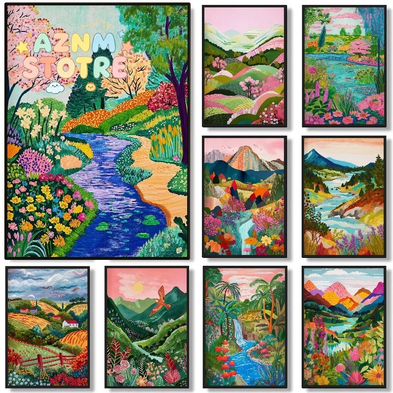 Abstract Colourful Tropical Landscape Poster Mountain River Plant Tree Beautiful Scenery Canvas Painting Wall Art Room Home D