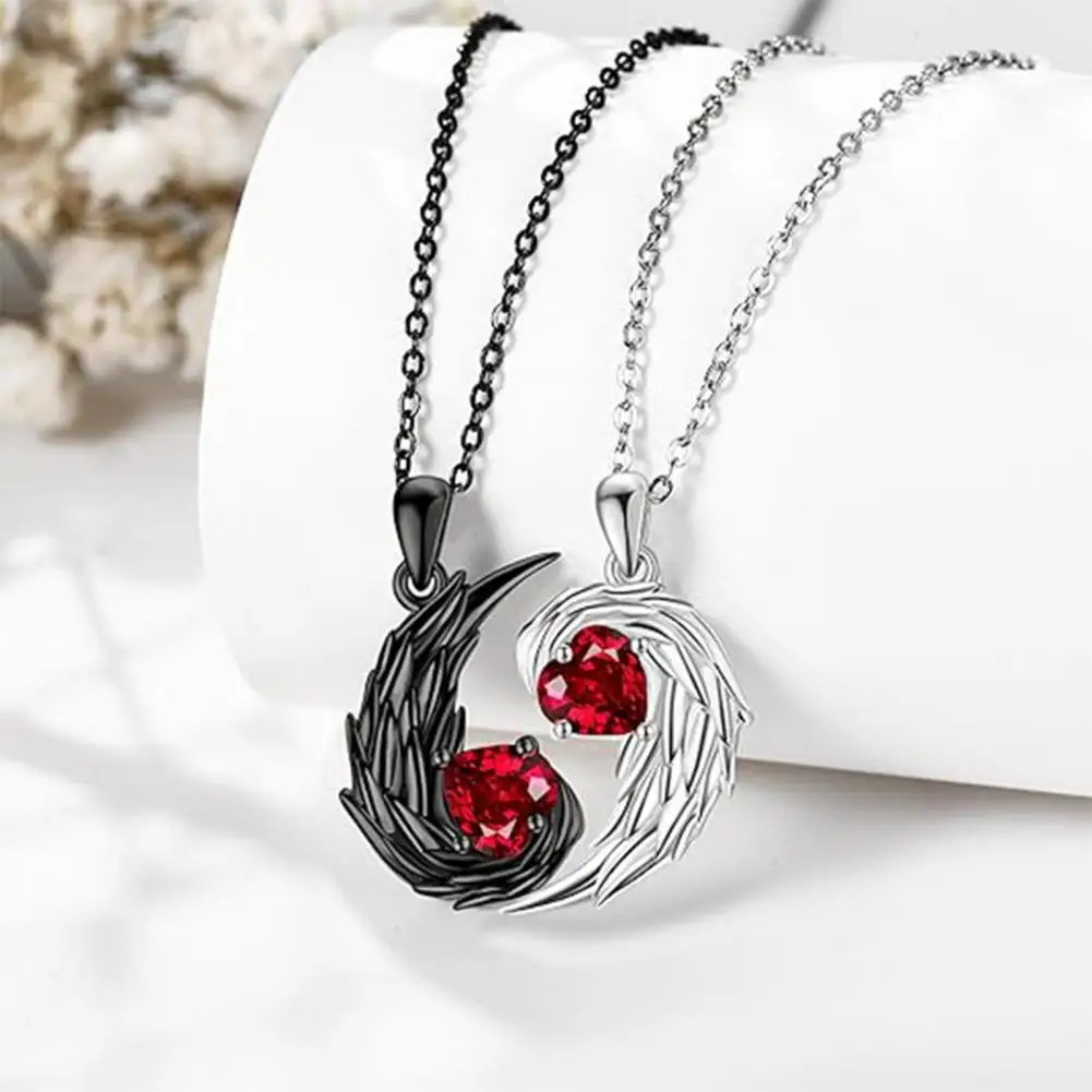 Feather Couple Necklace Red Rhinestone Feather Pendant Matching Necklace Valentine's Day Jewelry Gifts