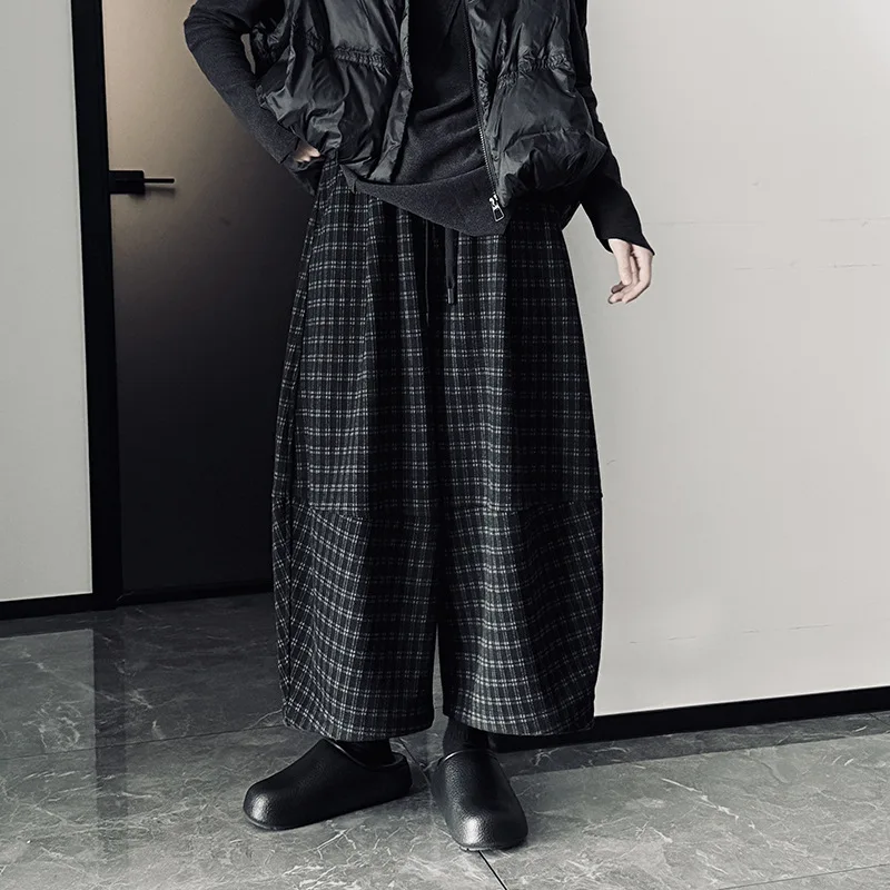 HKSH automne hiver nouveau femmes décontracté jambe large lanterne pantalon épaissir laine Plaid cordon taille élastique drapé Chic HK15691
