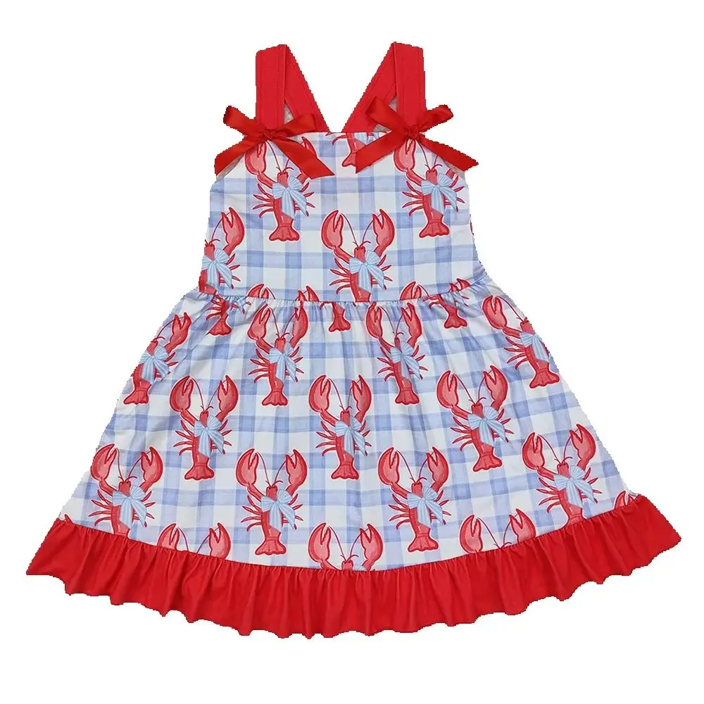 

Baby Girls Blue Checkered Crawfish Bow Ruffle Knee Length Dresses